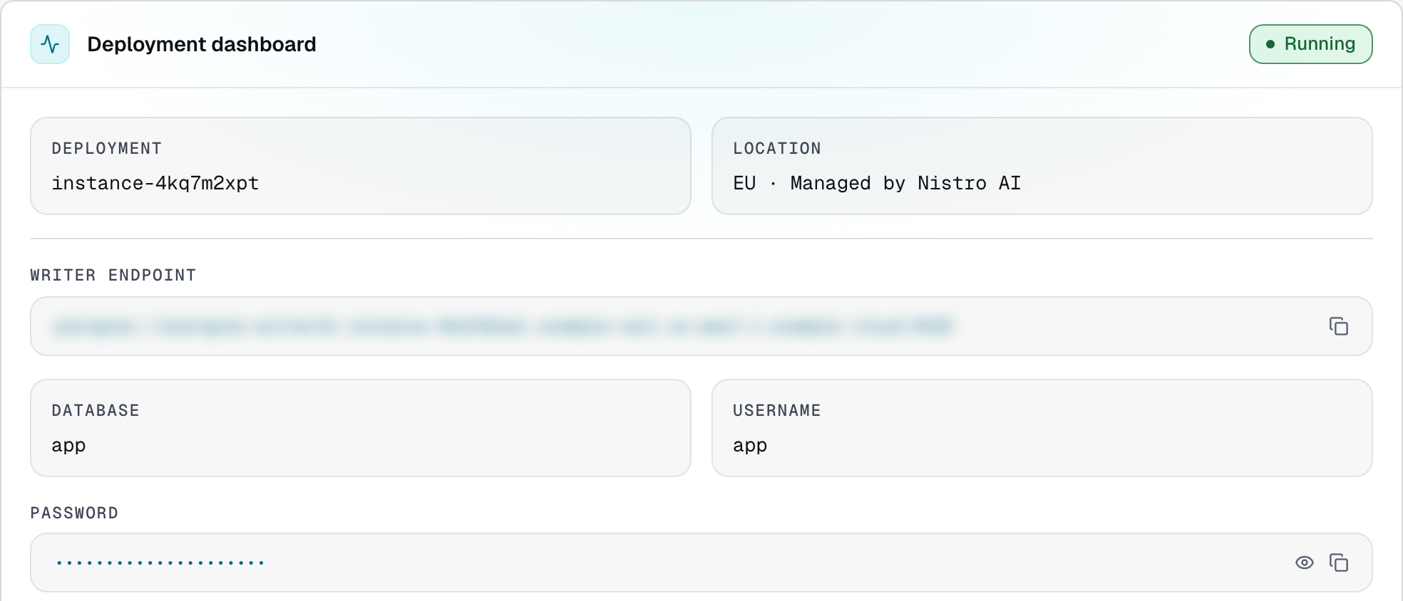A running deployment's Overview with its endpoint, database, username and masked password