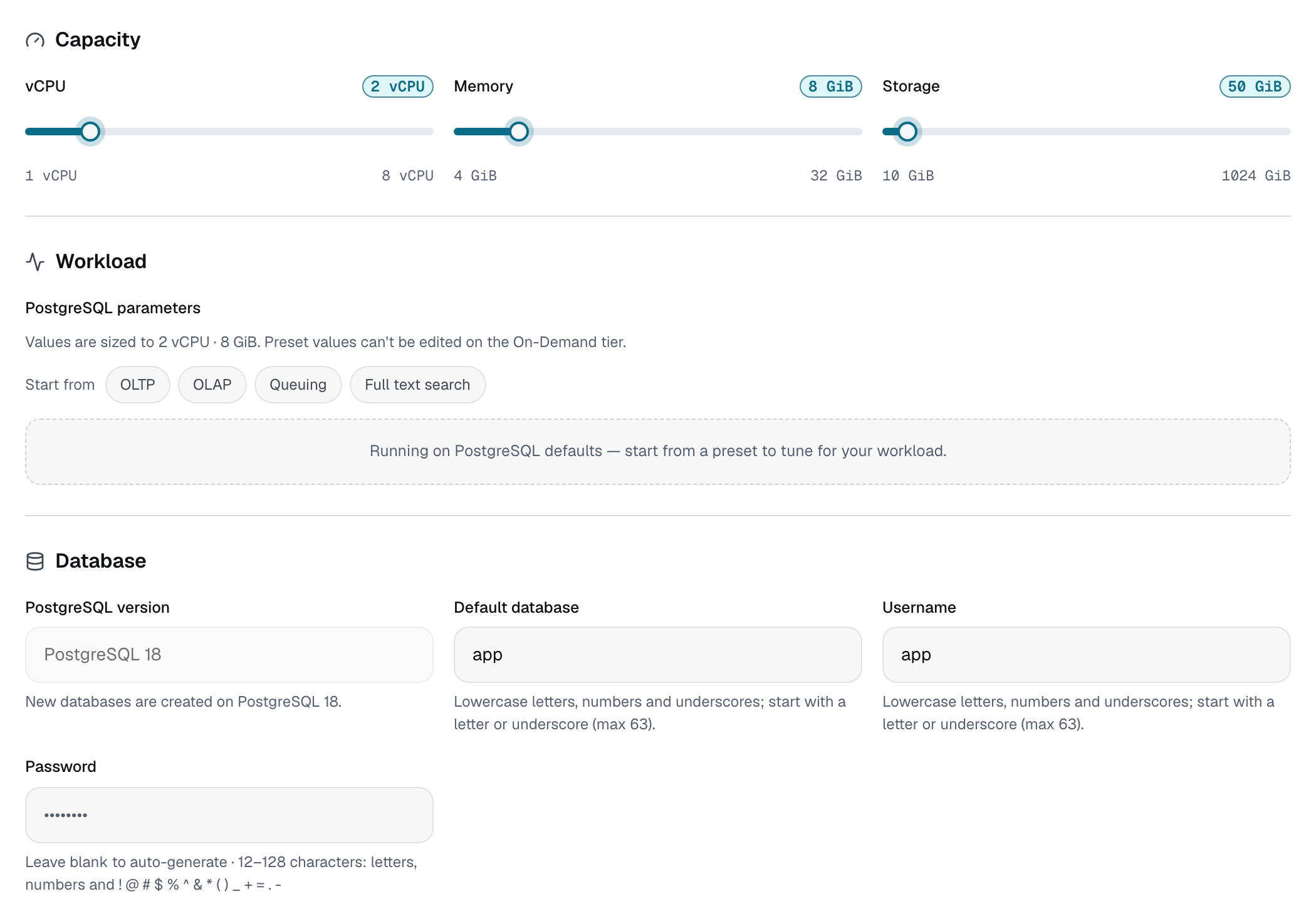 The On-Demand requirements step: capacity sliders, workload presets and database settings