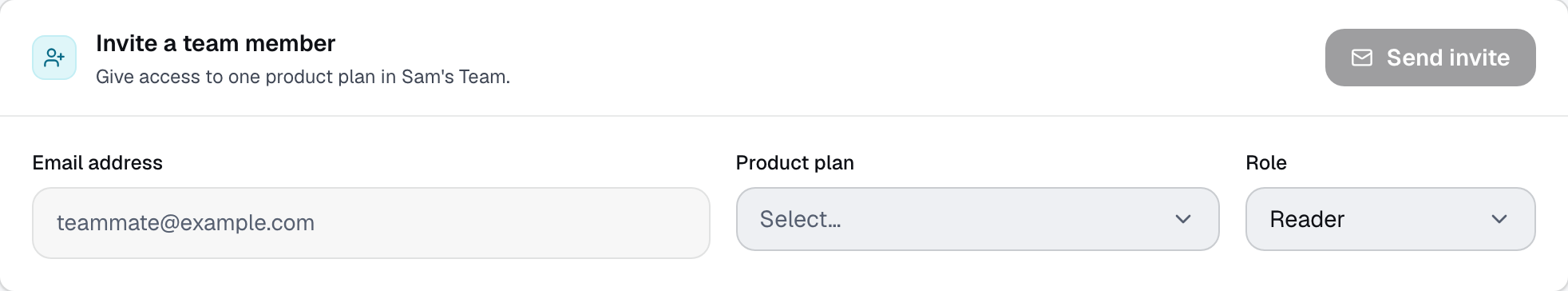 The Invite a team member form with email address, product plan and role